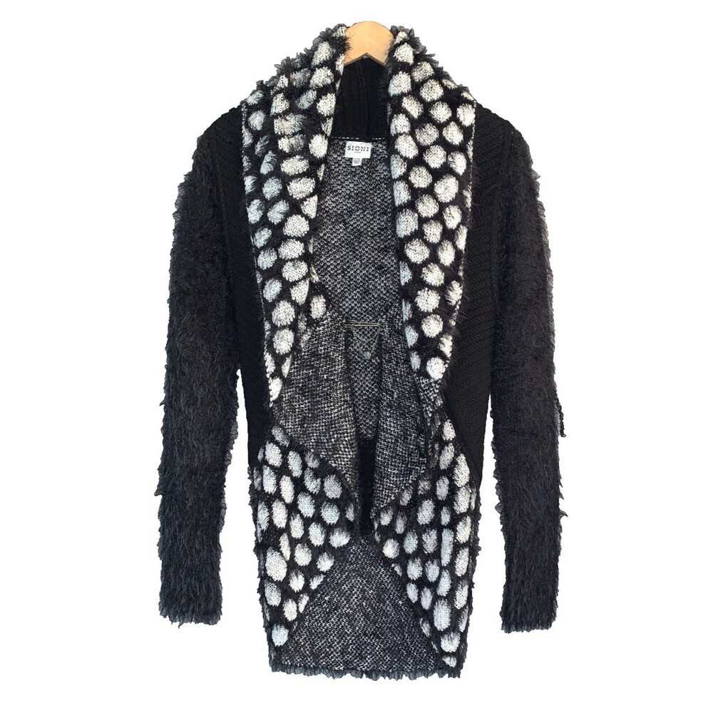 Sioni Fringed Fur Cardigan w/ Pin Brooch PL/XLP Black Dot Whimsigoth Statement